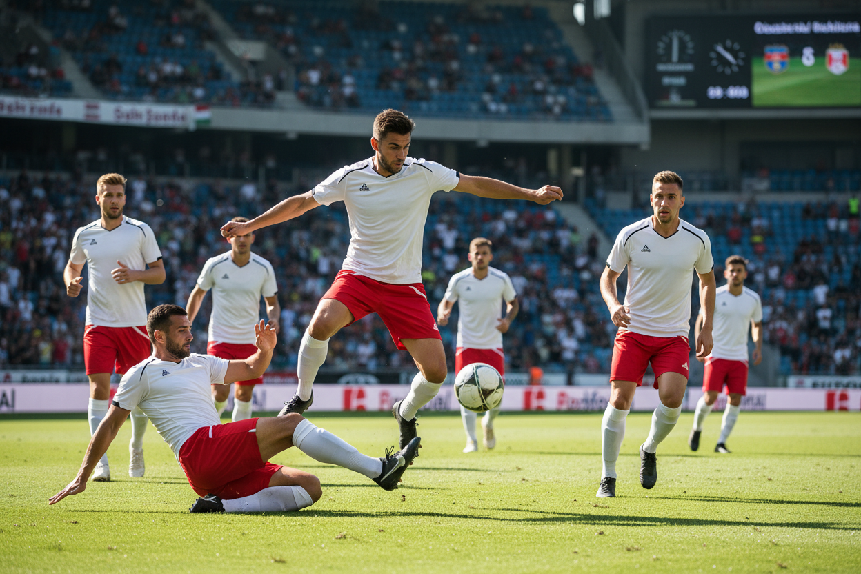 Team in White & Red Uniform Playing Football