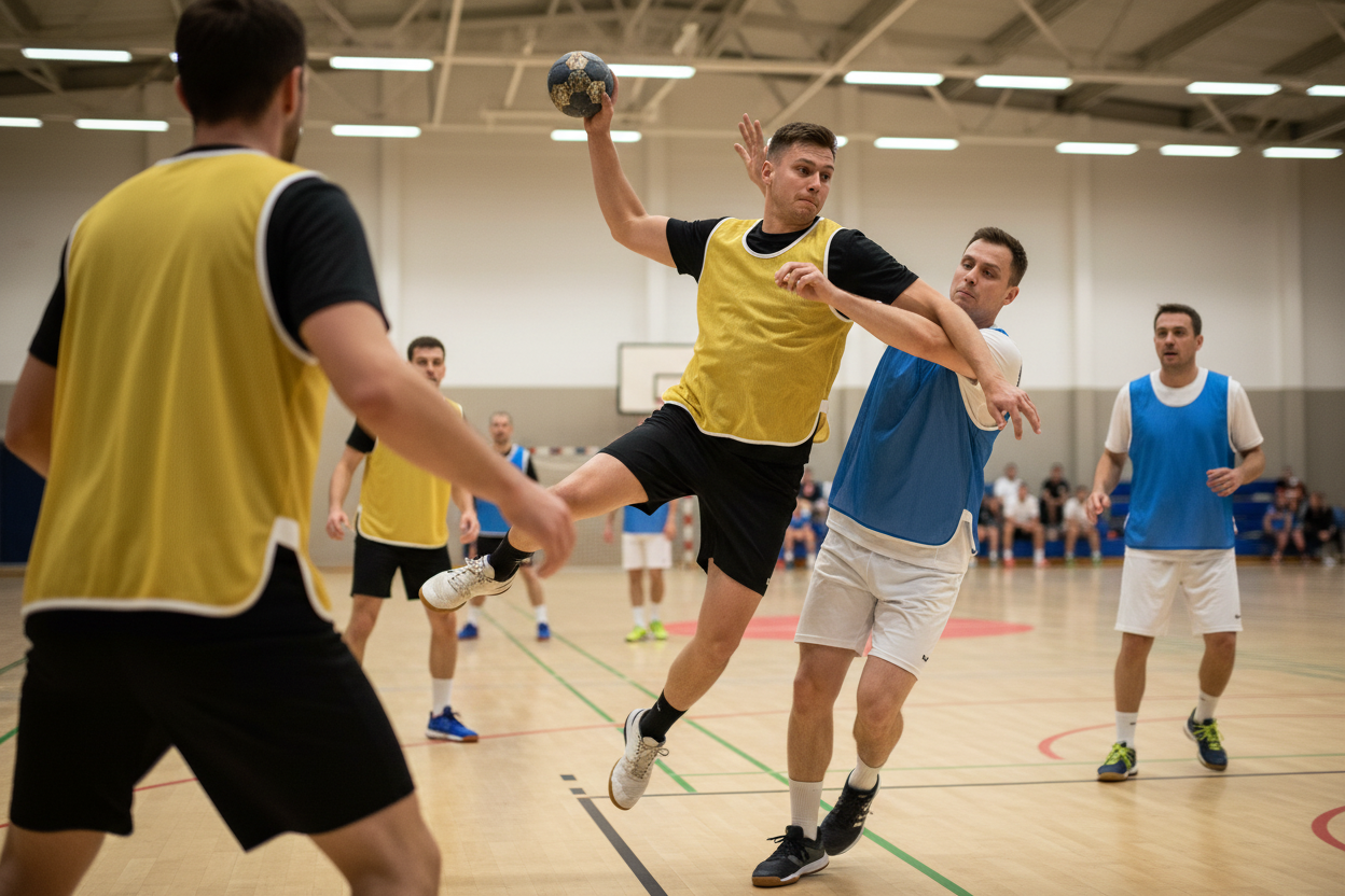 Team in yellow bibs over t-shirts playing handball