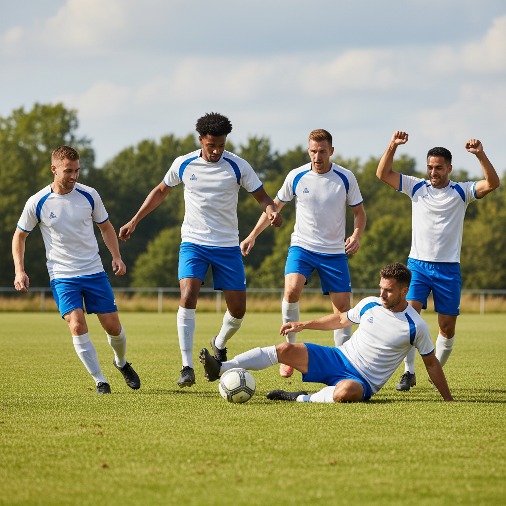 Team of 6 adult men playing football in white and blue Peak jerseys