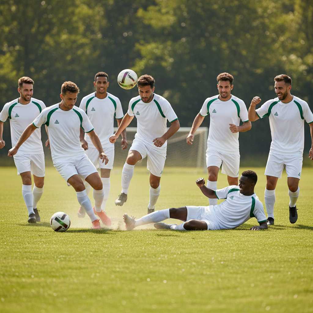 Team of 6 adult men playing football in white and green Peak jerseys