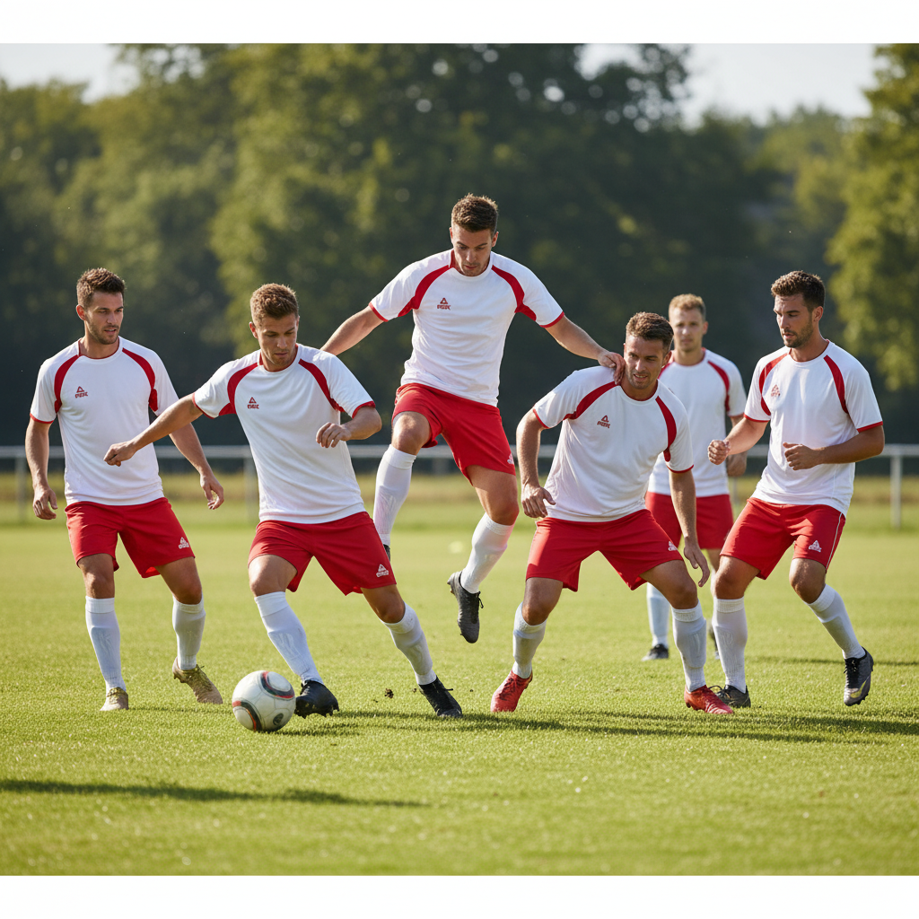 Team of 6 adult men playing football in white and red Peak jerseys