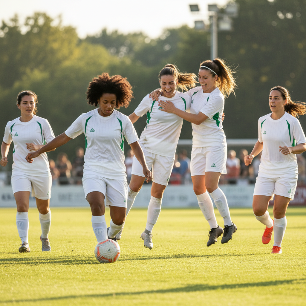 Team of 6 adult women playing football in white and green Peak jerseys