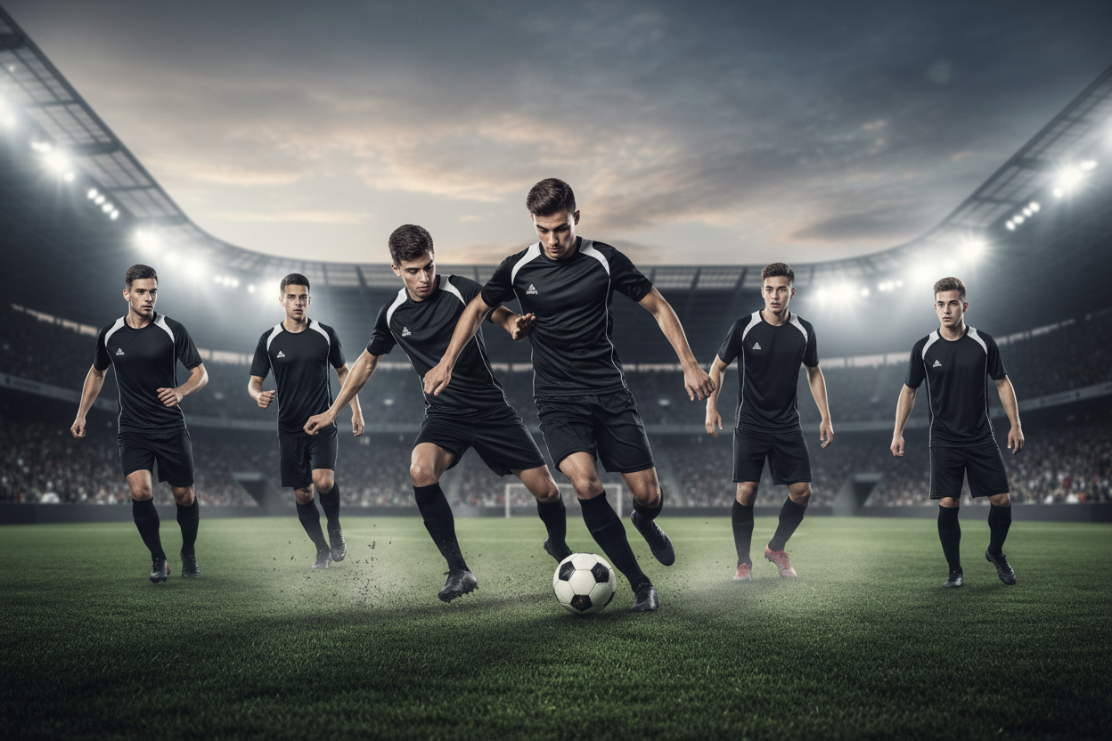Team of 6 boys in black PEAK t-shirt playing football