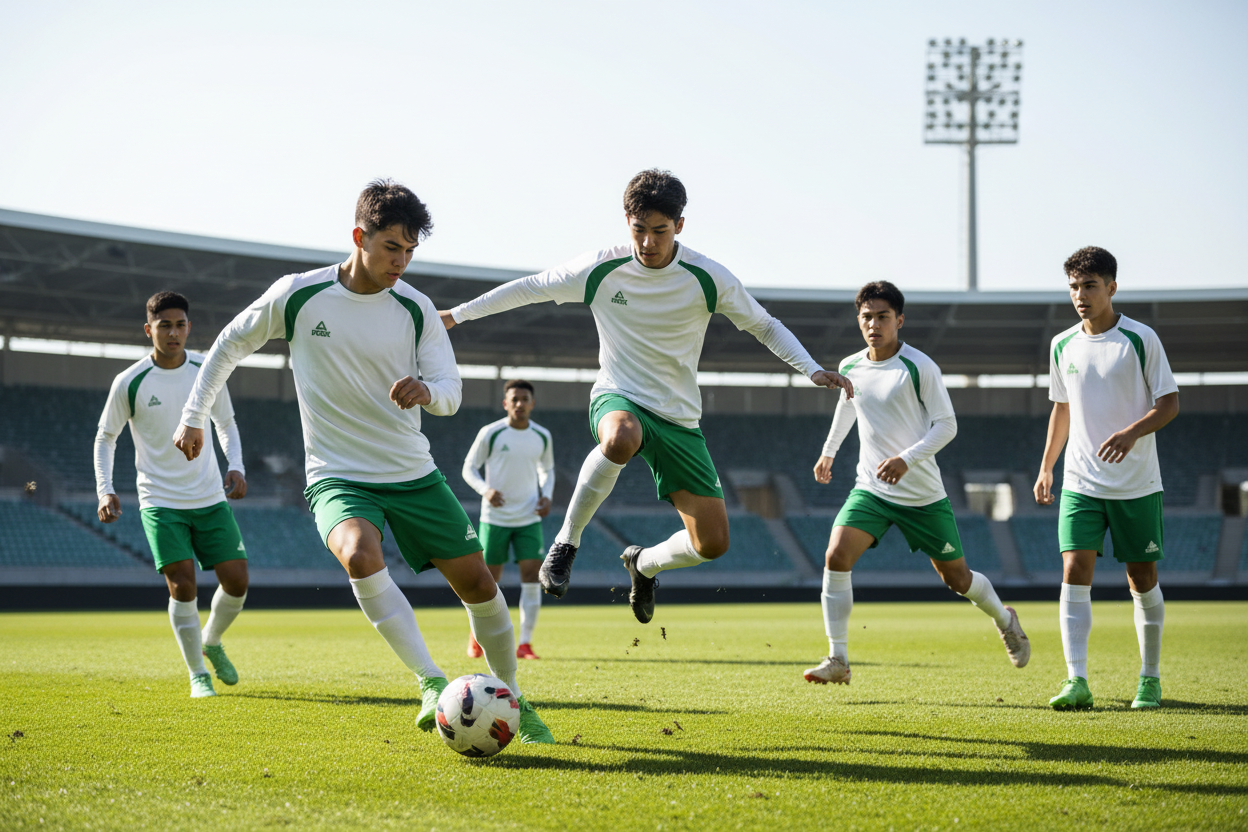 Team of 6 boys in white & green PEAK long sleeve playing football
