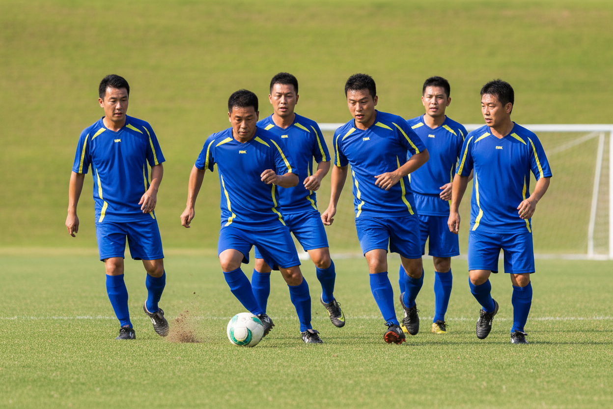 Team of 6 men playing football in blue Peak t-shirts