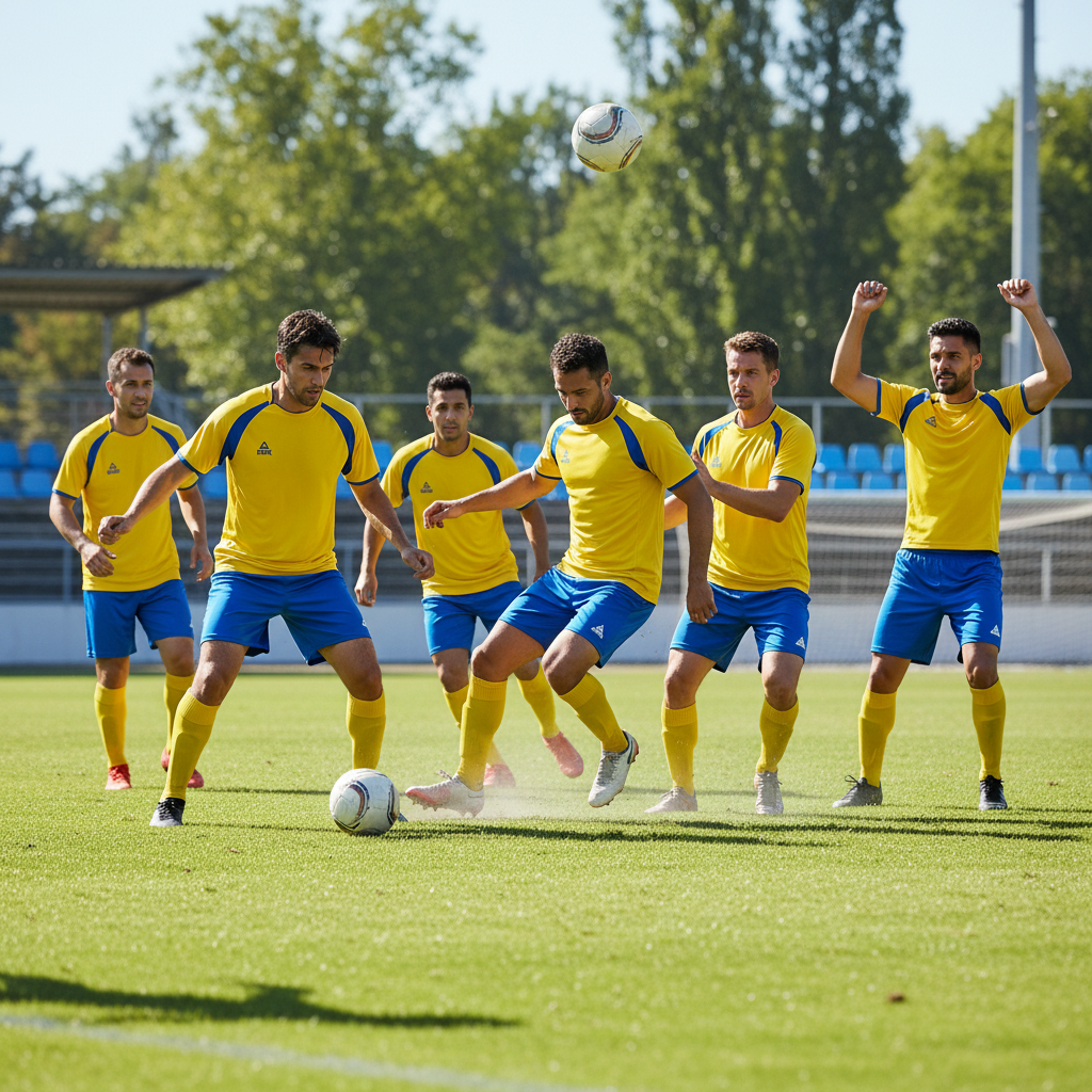 Team of 6 men playing football in yellow and blue Peak jerseys