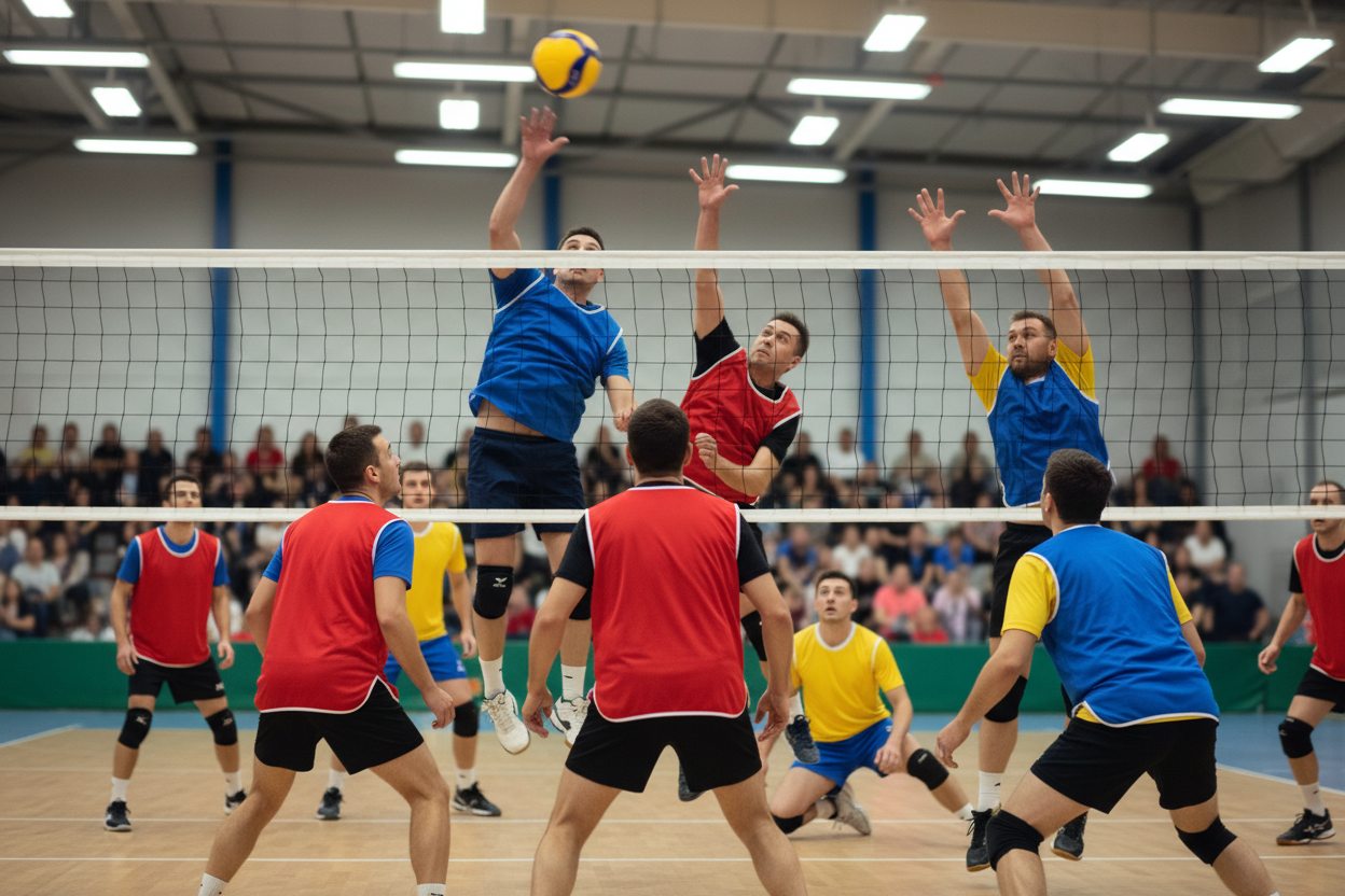Team wearing red bibs over t-shirts playing volleyball