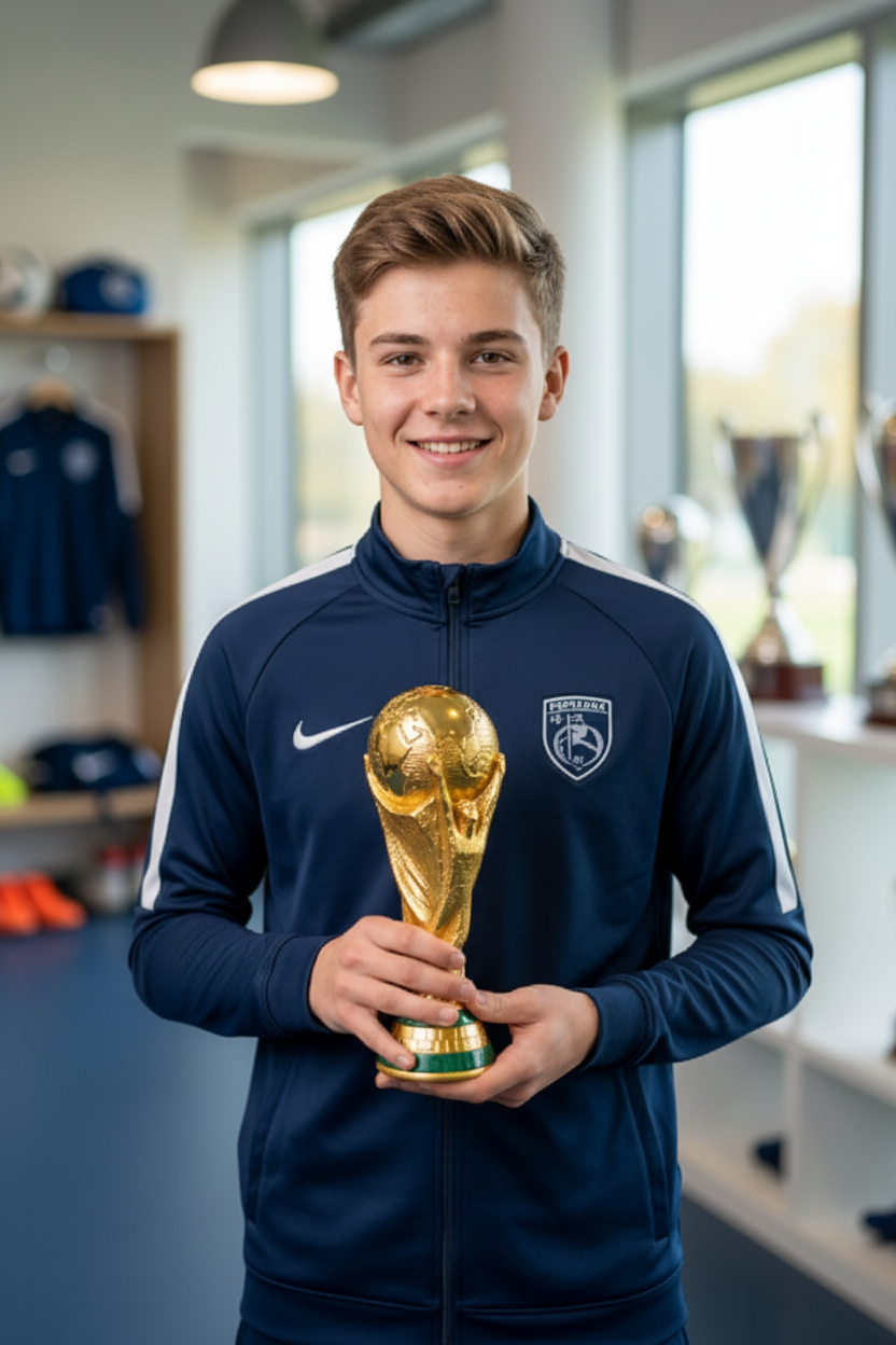 Teen boy holding one FIFA World Cup trophy