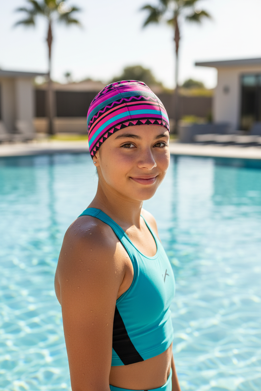 Teen Girl Wearing Colorful Swim Cap at Pool