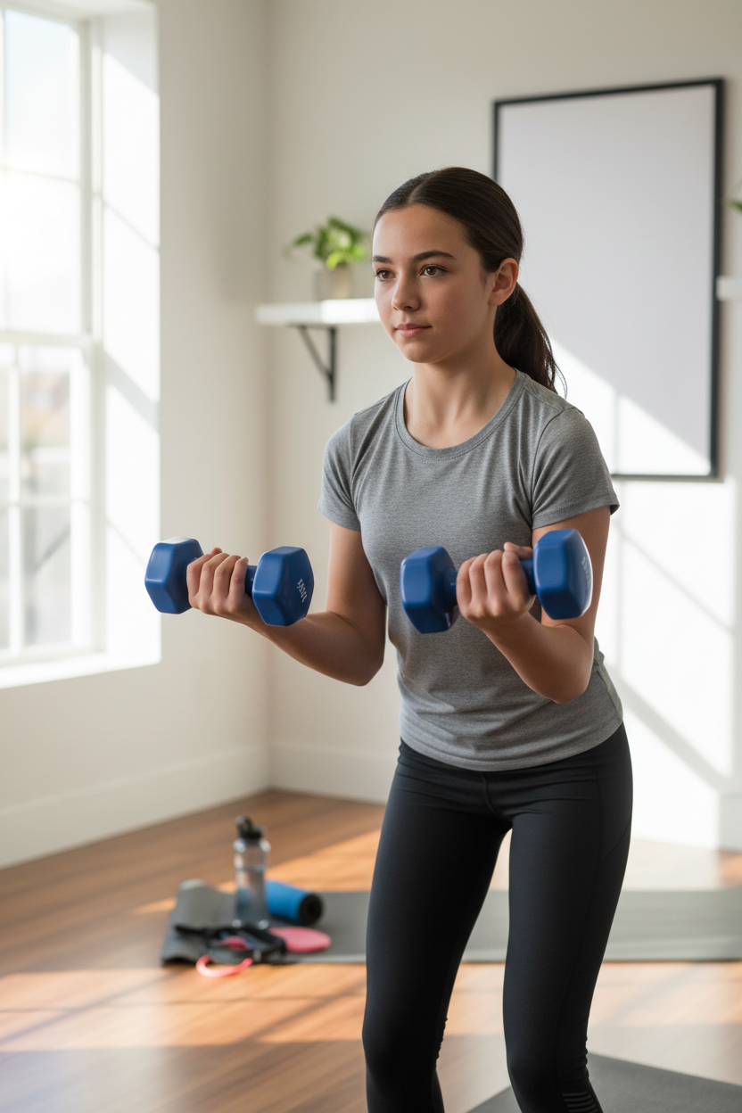 Teen with blue 1KG dumbbells lifestyle photo