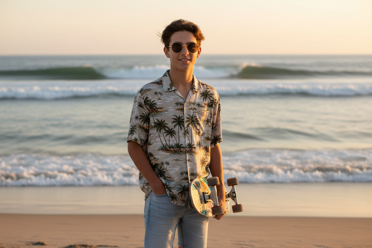 Teenage boy wearing brown Lennon sunglasses at the beach