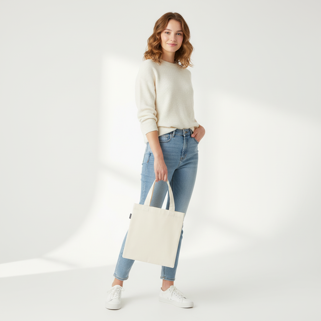 Teenage girl holding beige cream small tote bag