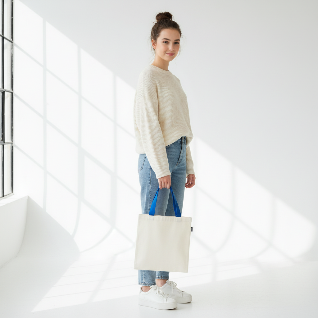 Teenage girl holding white cream small tote bag with blue handles