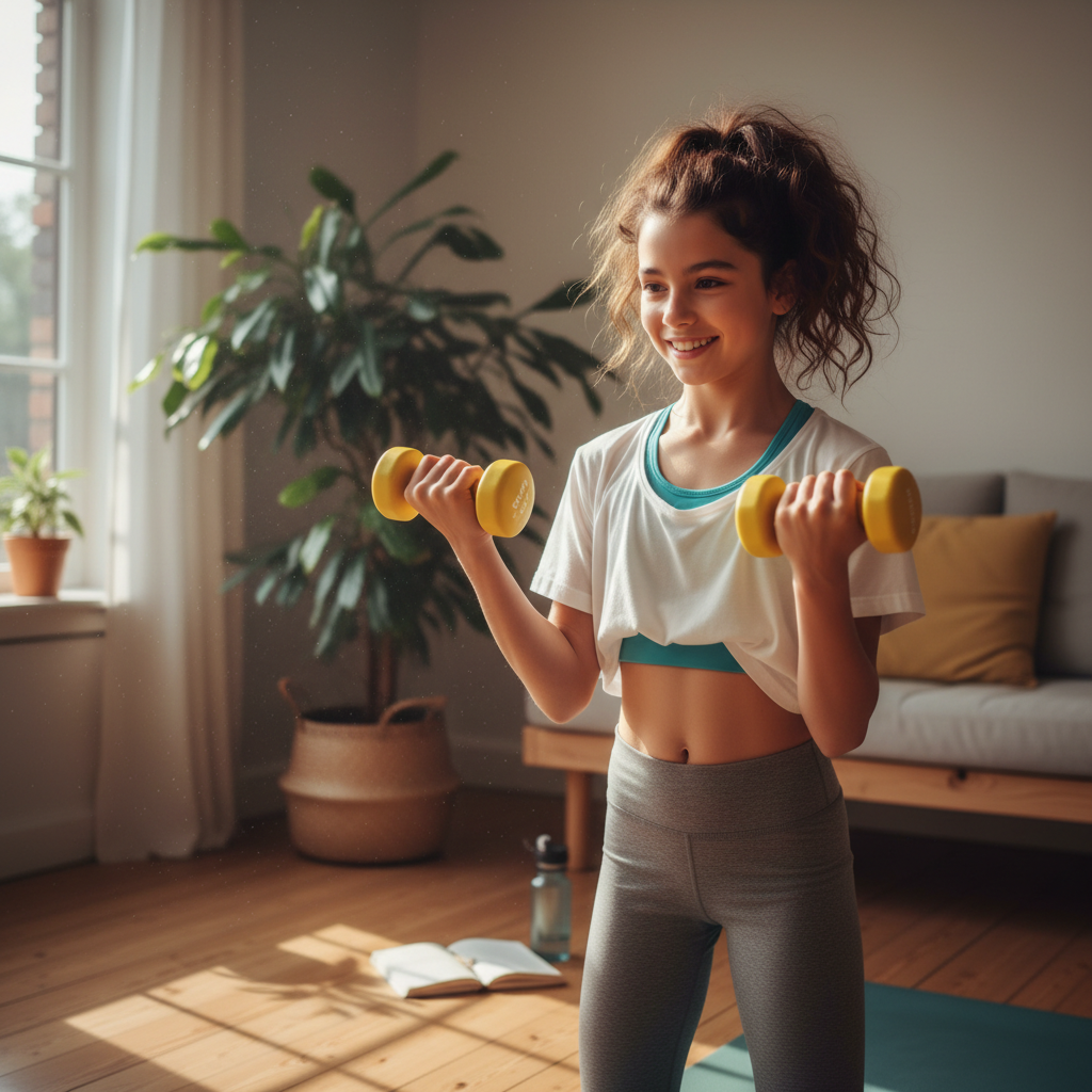 Teenage girl using yellow dumbbells lifestyle photo