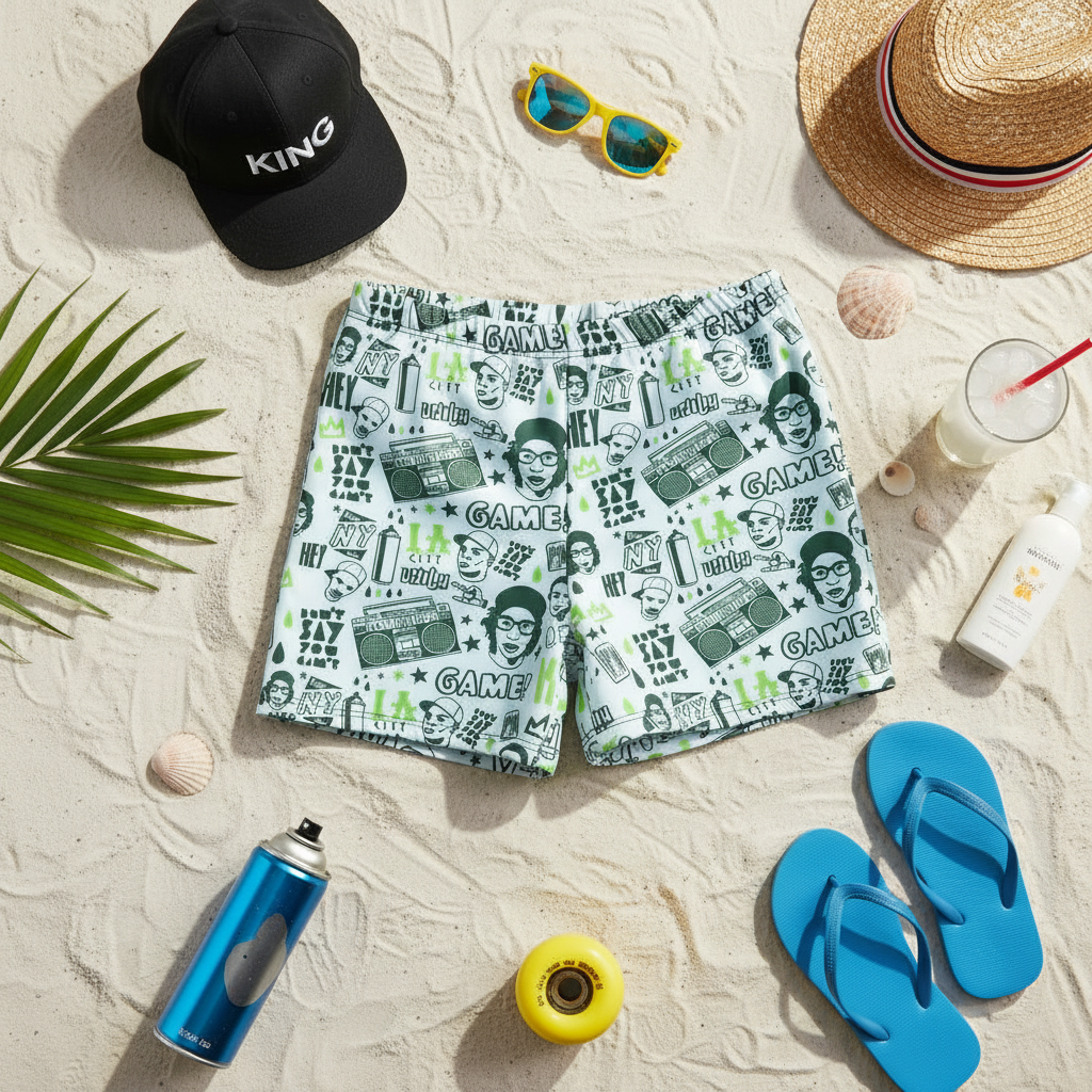 Urban Street Art Swim Shorts Beach Summer Flat Lay
