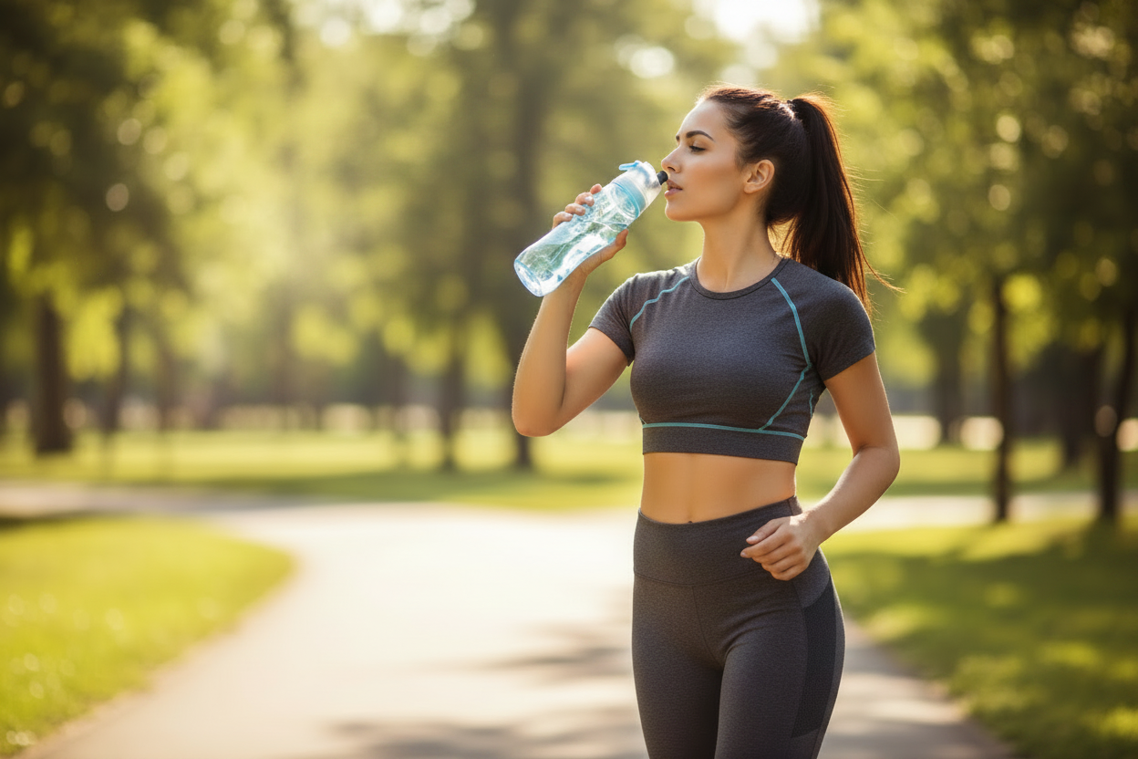 Woman drinking from bottle no mist