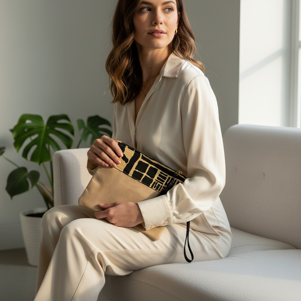 Woman holding beige and black geometric clutch - alternative angle