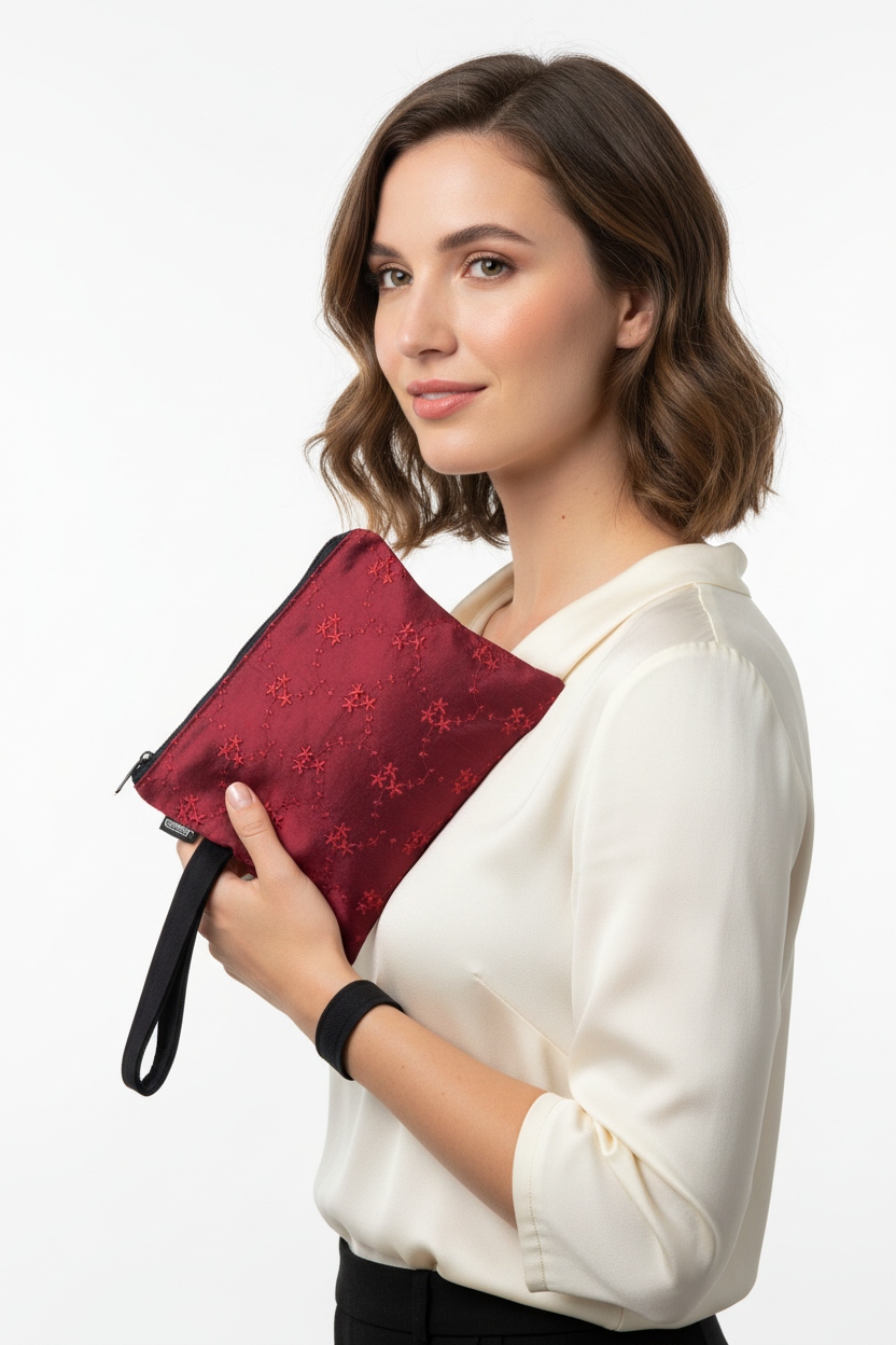 Woman holding burgundy red embroidered wristlet clutch