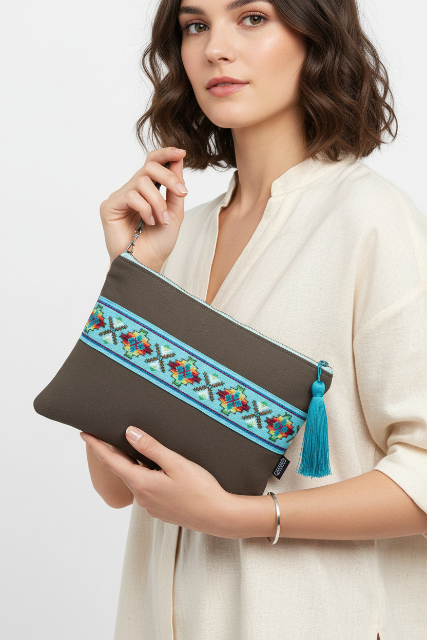 Woman holding charcoal gray wristlet clutch with turquoise embroidered trim