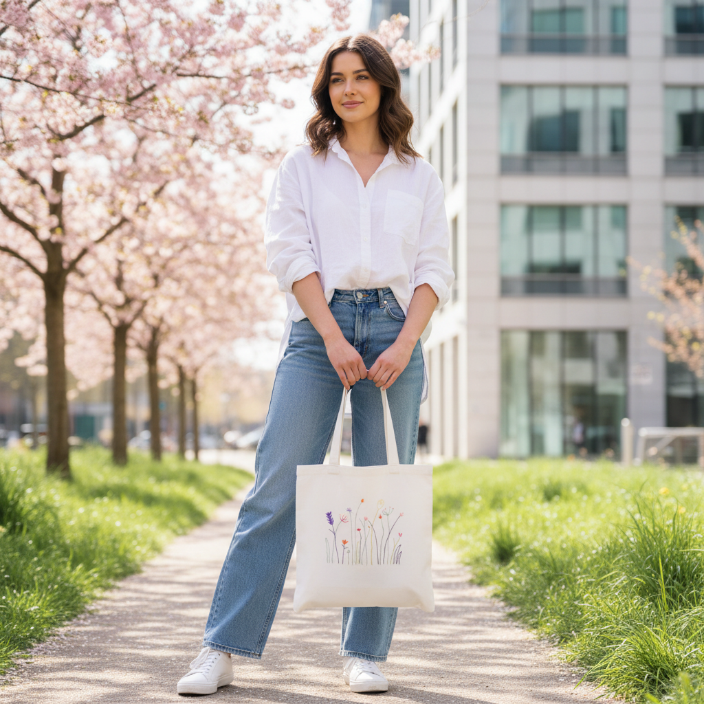 Woman holding floral tote bag