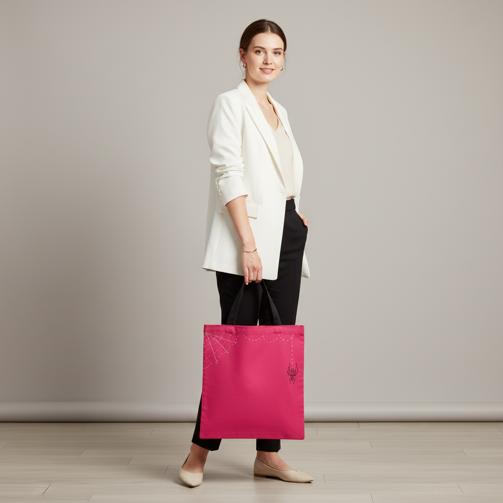 Woman holding hot pink spider web tote bag