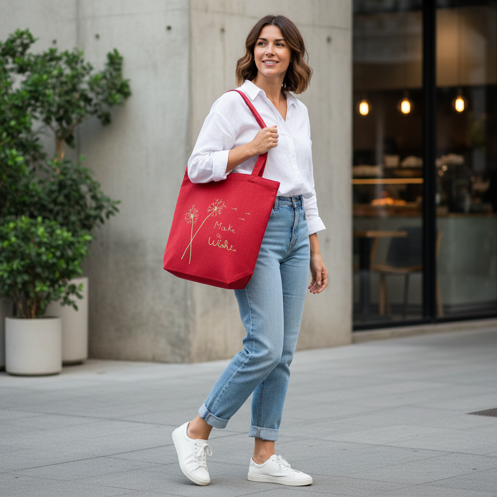 Woman holding Make a Wish red tote bag
