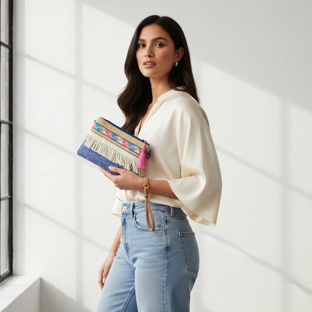 Woman holding multicolor clutch with fringe and denim