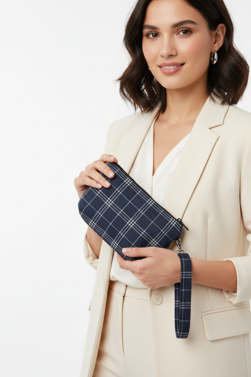Woman holding navy blue and white plaid wristlet clutch