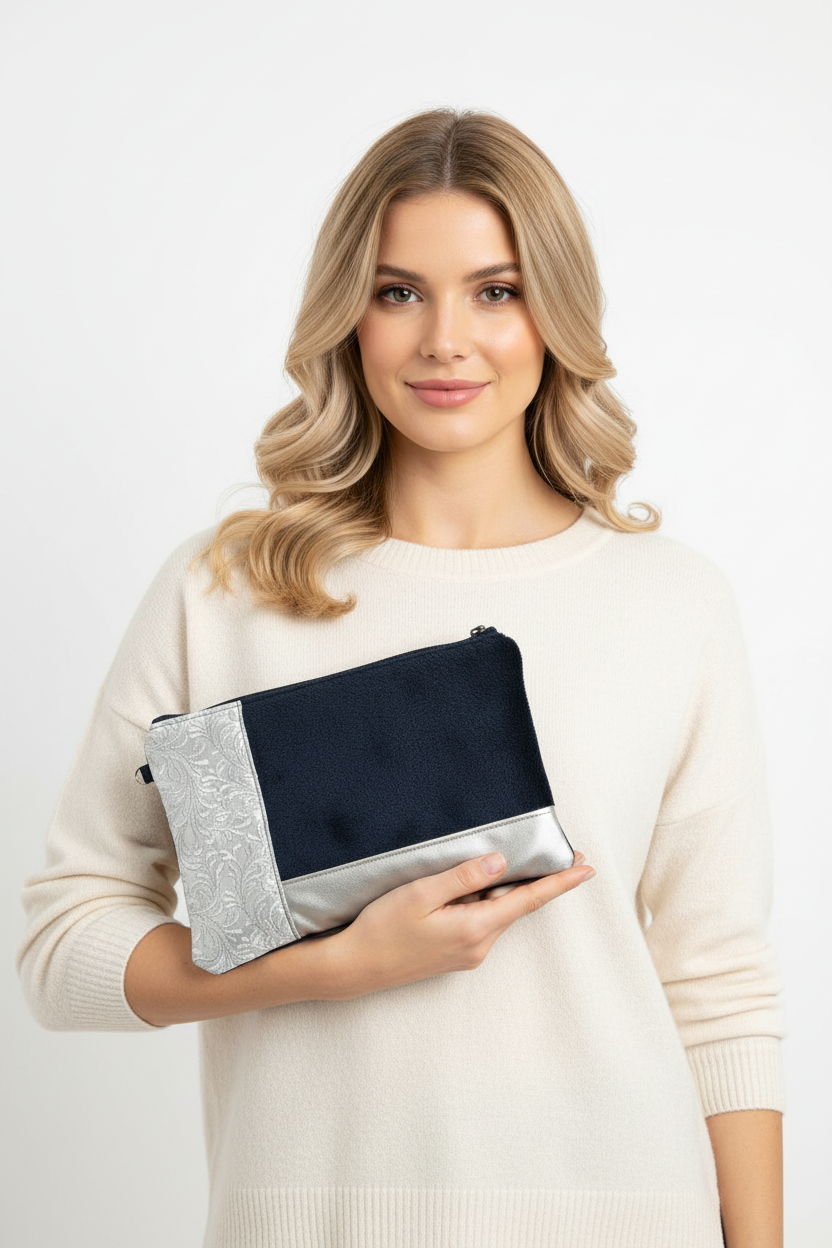 Woman holding navy blue damask pouch