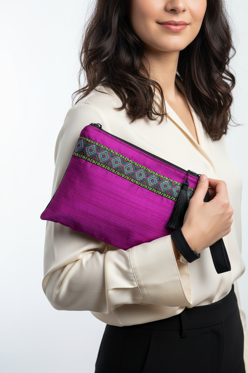 Woman holding purple magenta wristlet clutch with geometric embroidered trim