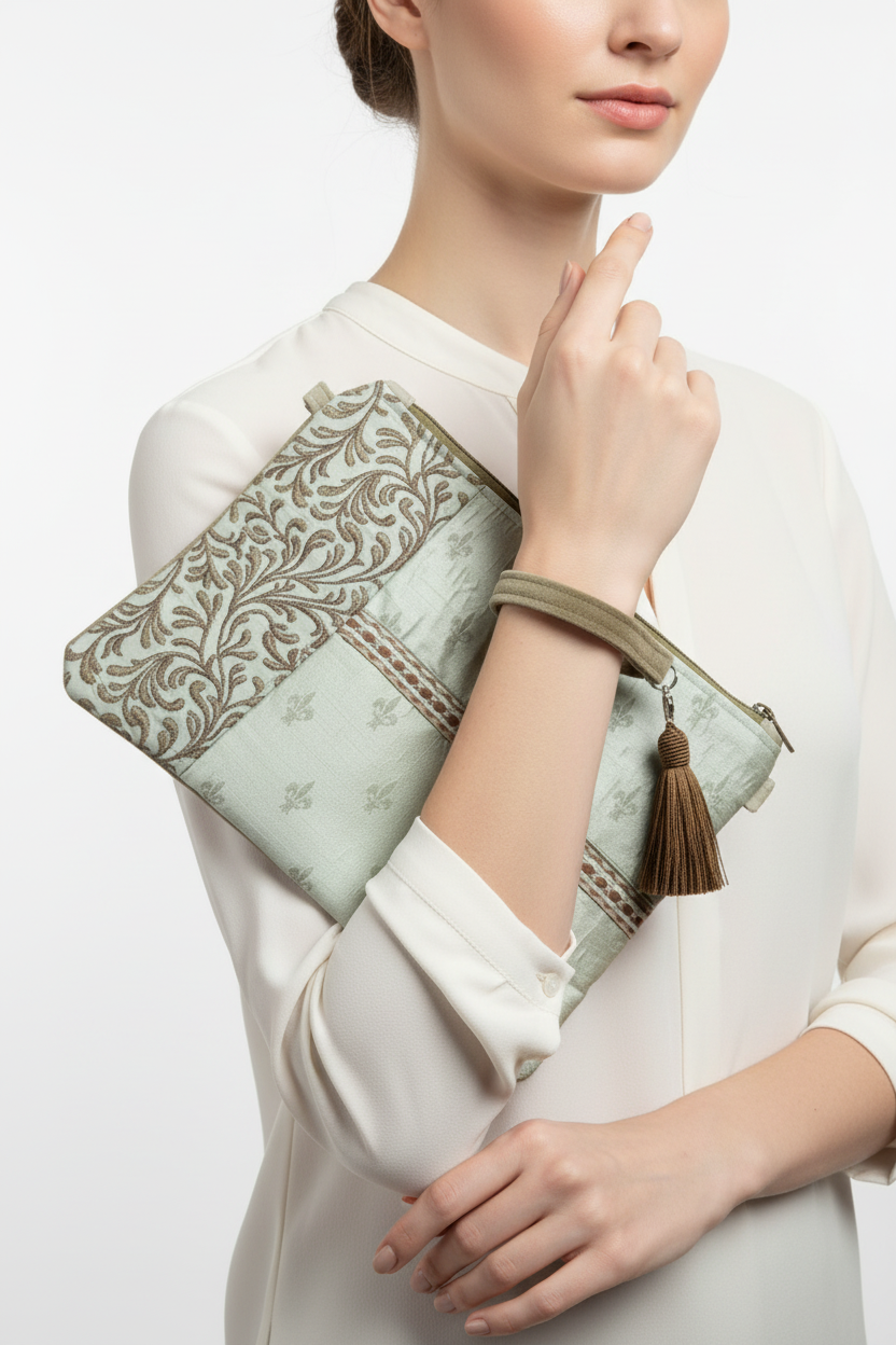 Woman holding sage green damask wristlet clutch