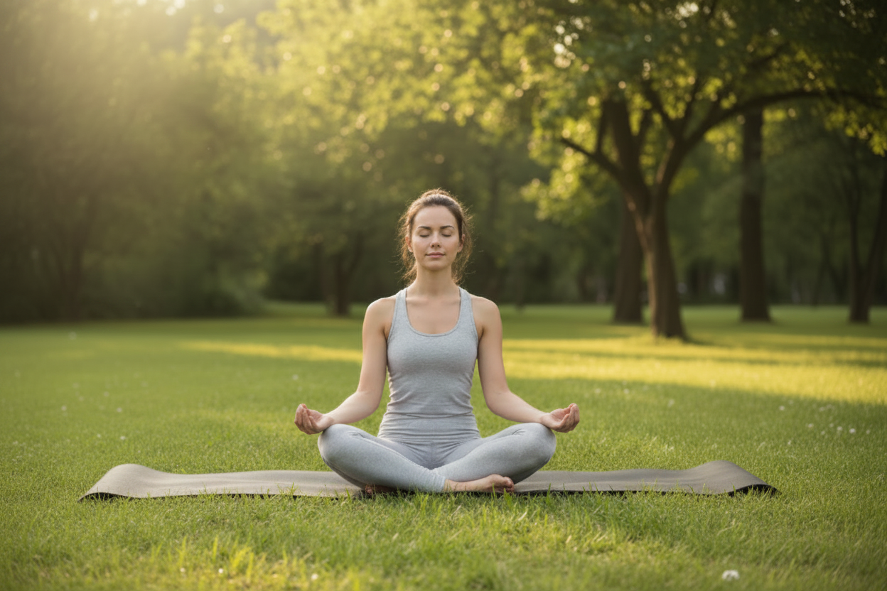 Woman meditating on black yoga mat outdoors