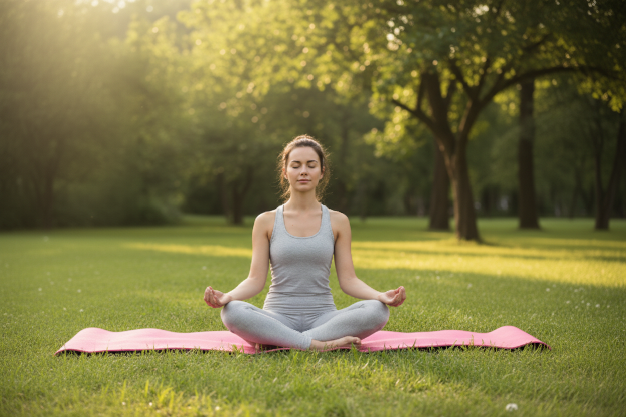 Woman meditating on pink yoga mat outdoors