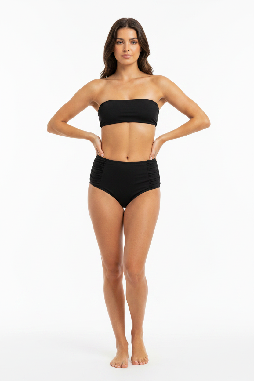 Woman wearing black ruched high-waist bikini
