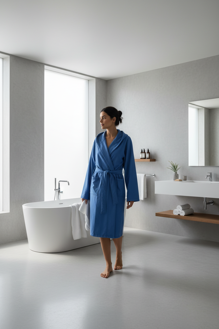 Woman wearing blue bathrobe in bathroom