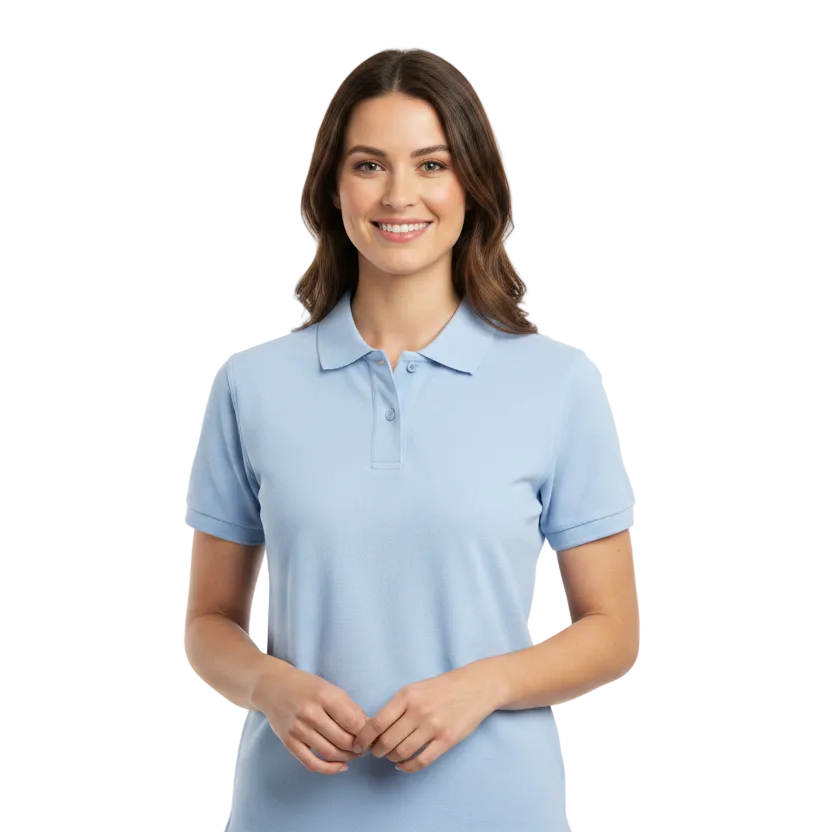 Woman wearing light blue polo