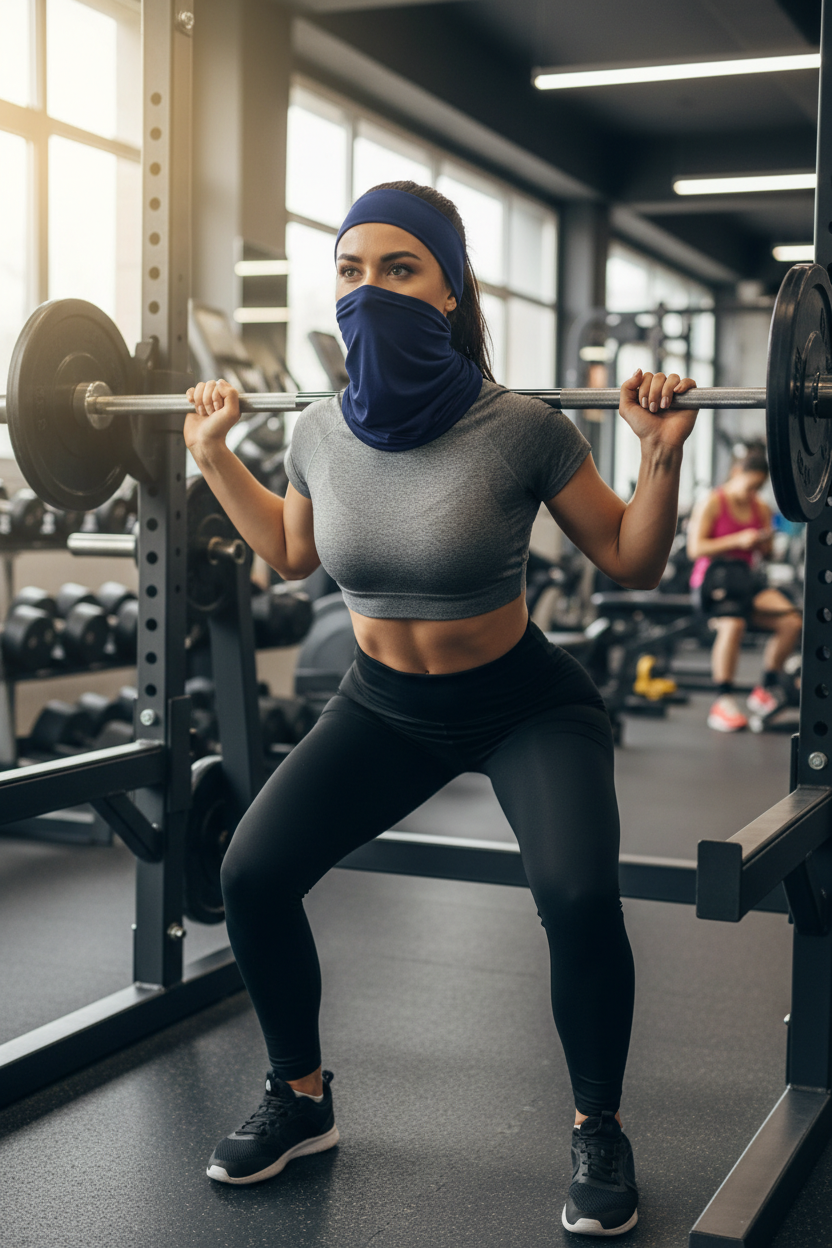 Woman wearing navy headgear at gym without logo