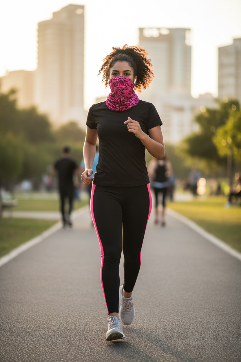 Woman wearing pink Afro pattern headgear