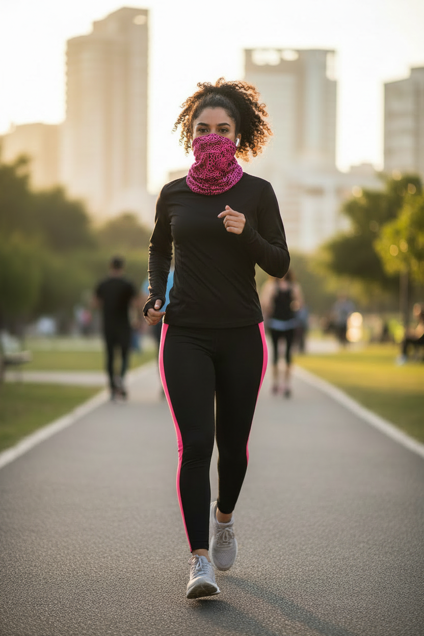Woman wearing pink Afro pattern headgear