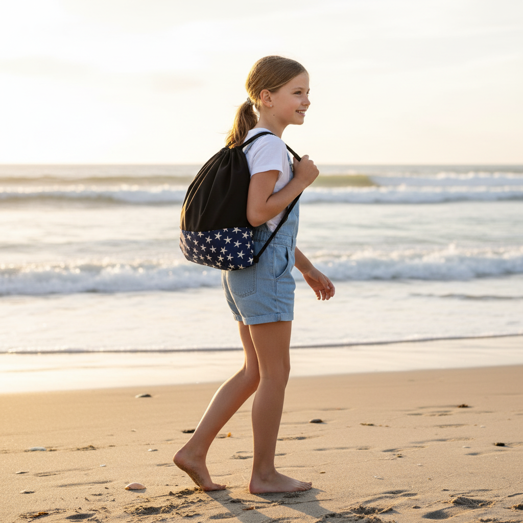 Young girl carrying black and navy starfish drawstring bag