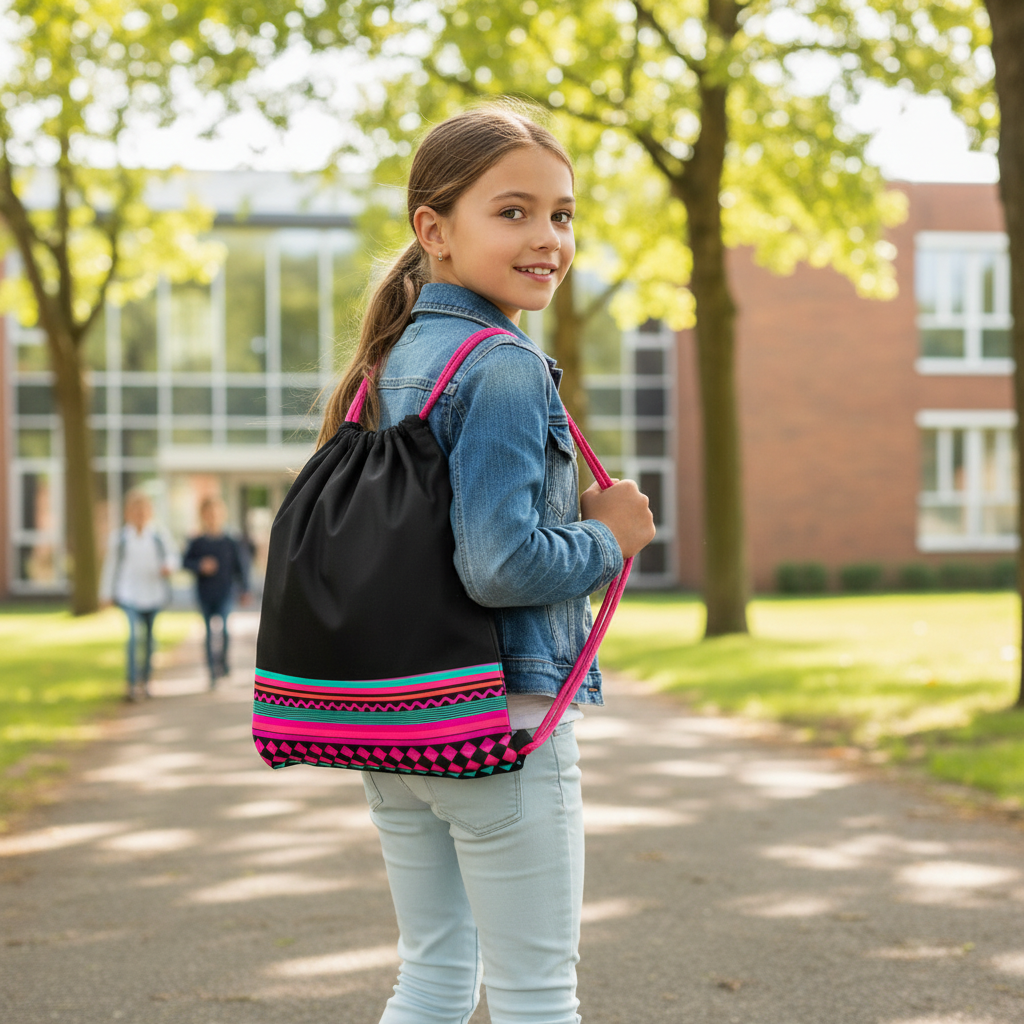 Young girl carrying black and pink geometric drawstring bag