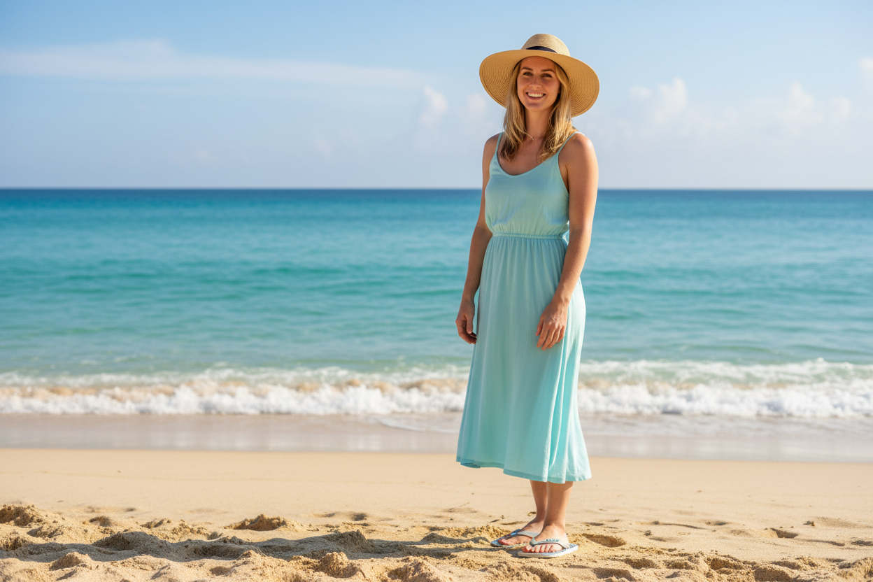 Young woman wearing Arena flip flops at the beach