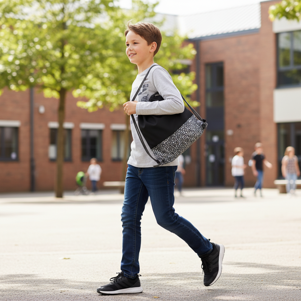 10-year-old boy carrying black and grey pixel drawstring bag