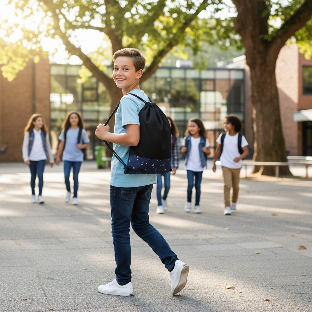 10-year-old boy carrying black and navy anchor drawstring bag