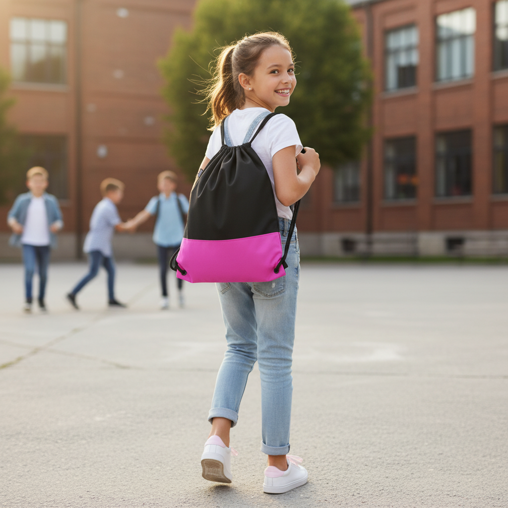10-year-old girl carrying black and hot pink drawstring bag