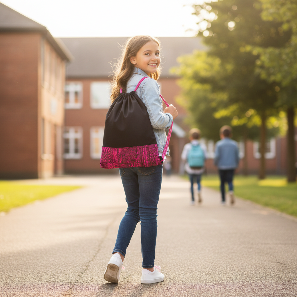 10-year-old girl carrying black and hot pink mandala drawstring bag