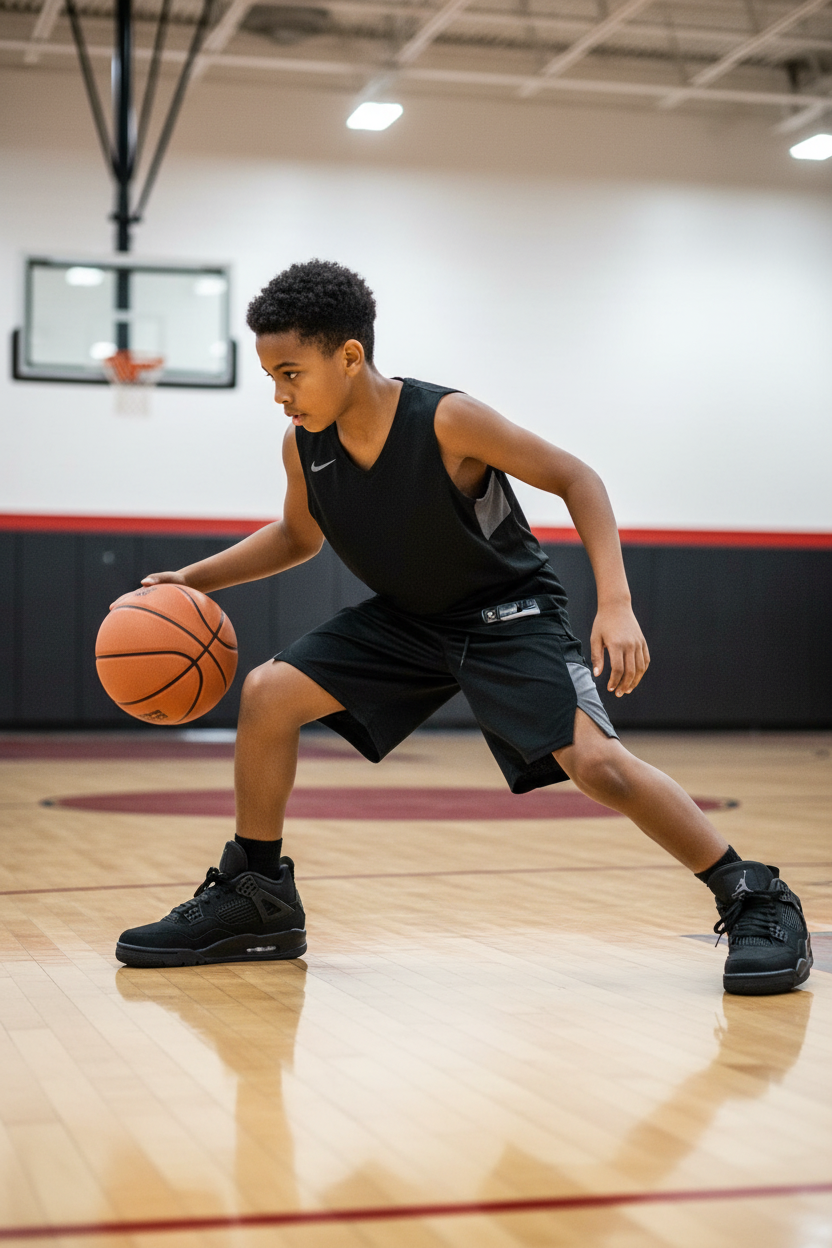 12 year old boy wearing black Jordan 4 basketball shoes on court