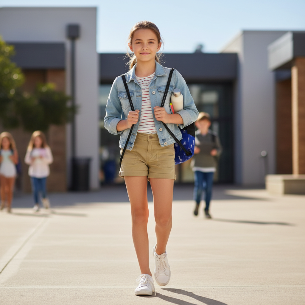 12-year-old girl carrying black and blue pineapple drawstring bag