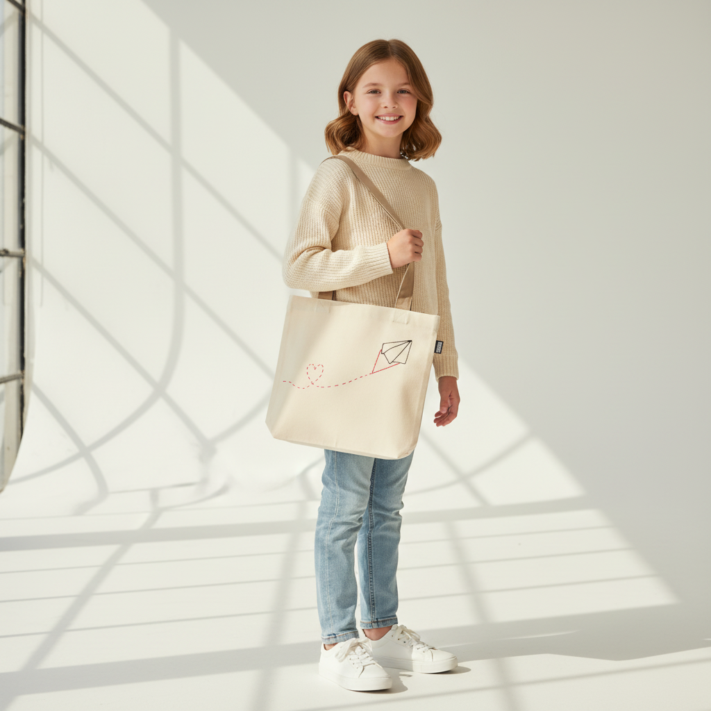 12-year-old girl holding beige kite and heart tote bag