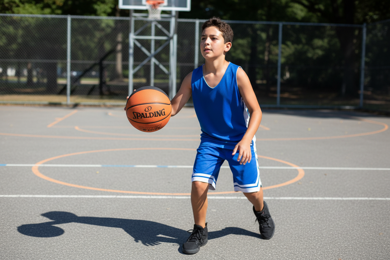13-year-old boy playing basketball with Spalding ball
